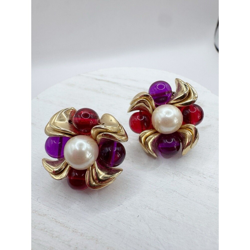 Vintage Purple Red Lucite Mogul Statement Earrings Old Money Pearl